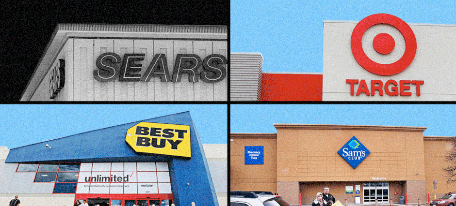 Pictures of big box retailers storefronts, Toys R Us and Best Buy such as Target, Walmart, Lowes, Costco, Sears, JC Penney